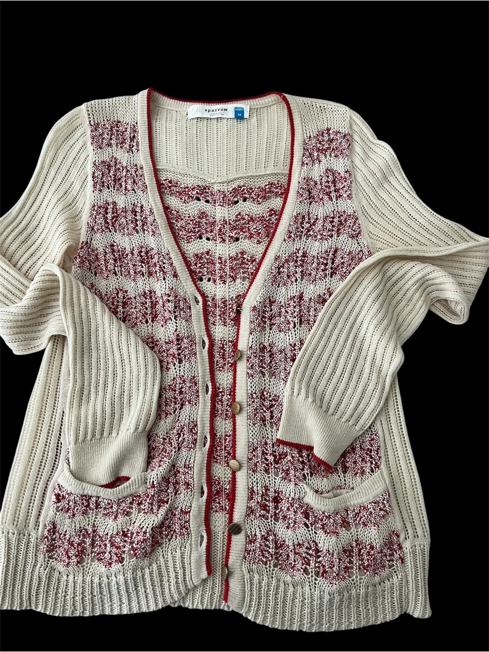 sparrow by Anthropologie Cream and Red Patterned Knit Cardigan